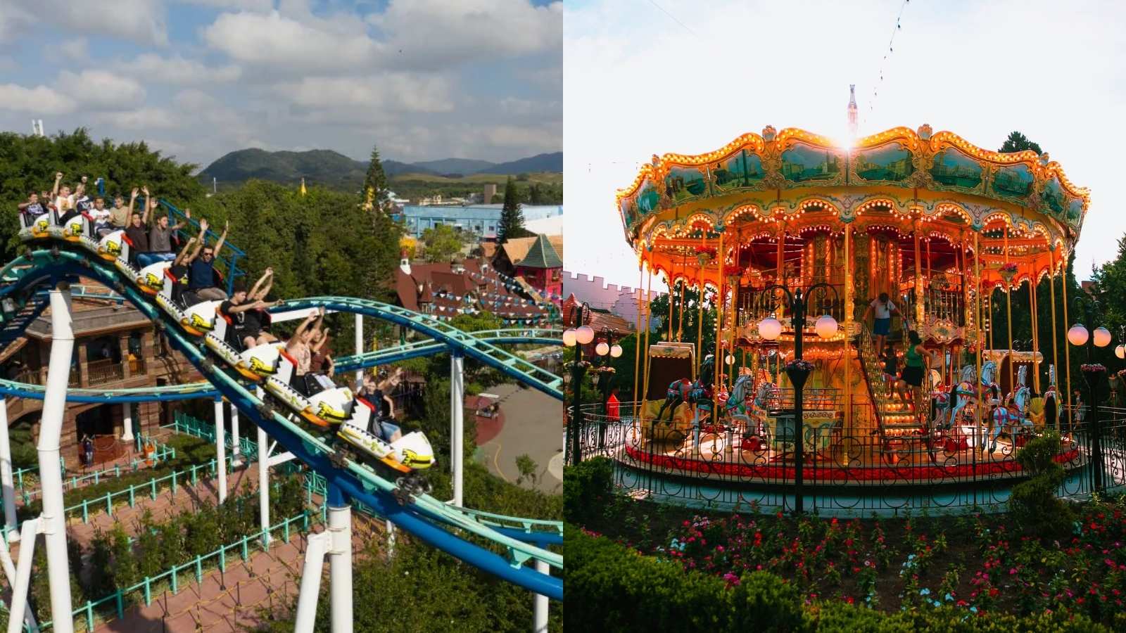 A montanha-russa Tigor Mountain e o Carrossel Veneziano, na área infantil do Beto Carrero World