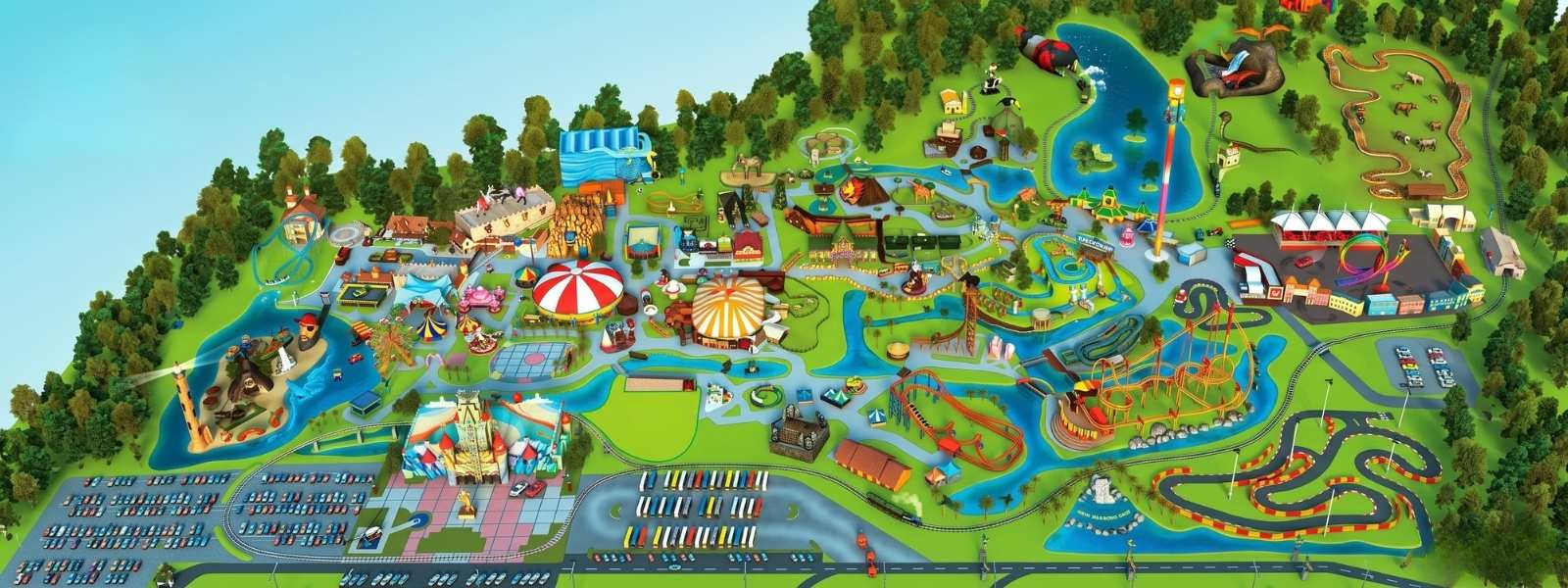 Mapa ilustrado do Beto Carrero World, em Penha, com o Castelo das Nações e as atrações do parque